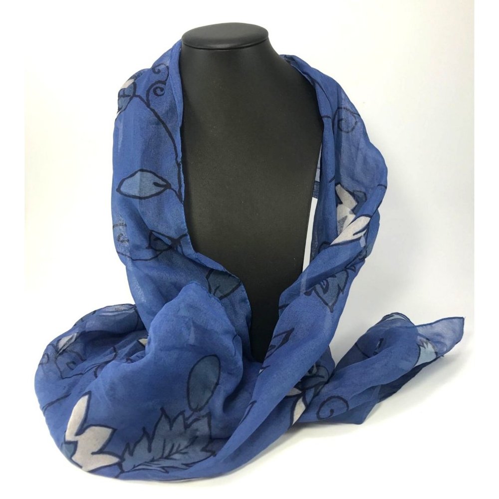 Vintage Blue & White Floral Vine Pattern Italian Chiffon Scarf 11"x60" Polyester - Picture 3 of 4